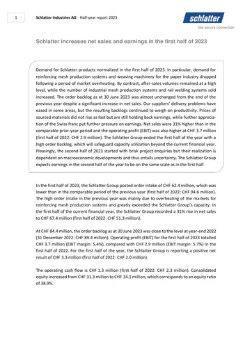 Thumbnail Schlatter Industries AG Half-year Report 2023-h1