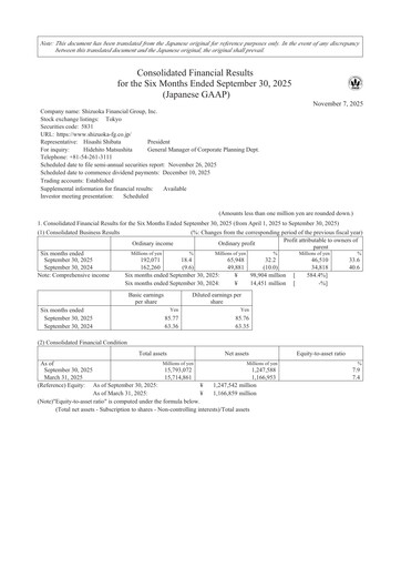 Thumbnail Shizuoka Financial Group Half-year Report 2025-h1