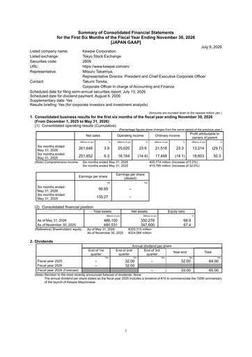 Thumbnail Kewpie Corporation Half-year Report 2026-h1