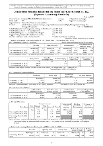 Thumbnail Mitsubishi Materials Financial Statement fy2022