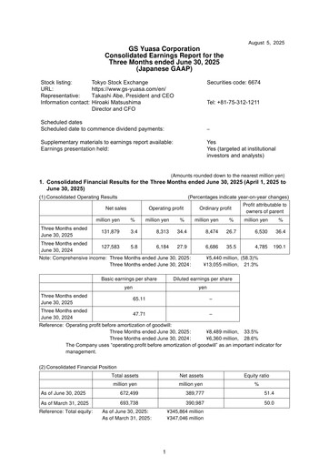 Miniature GS Yuasa Corporation Rapport trimestriel 2026-q1
