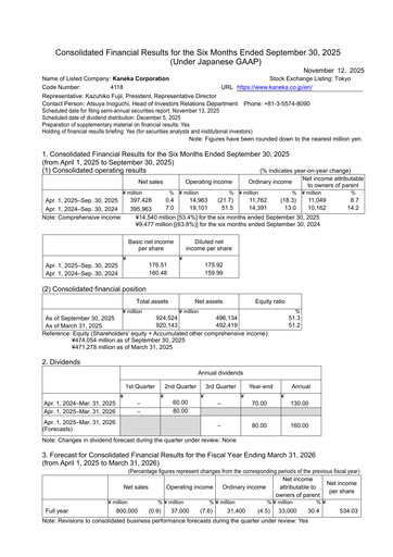 Thumbnail Kaneka Corporation Half-year Report 2025-h1