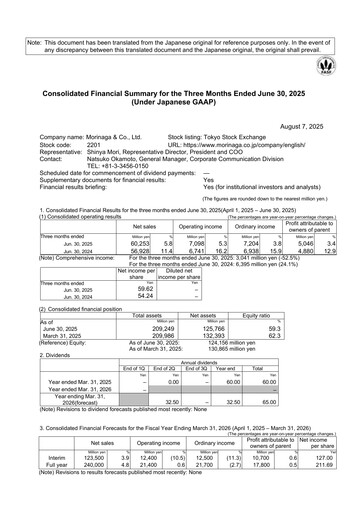 Vorschaubild Morinaga & Company Quartalsbericht 2025-q1