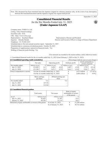 Thumbnail Toho Co., Ltd. Half-year Report 2026-h1