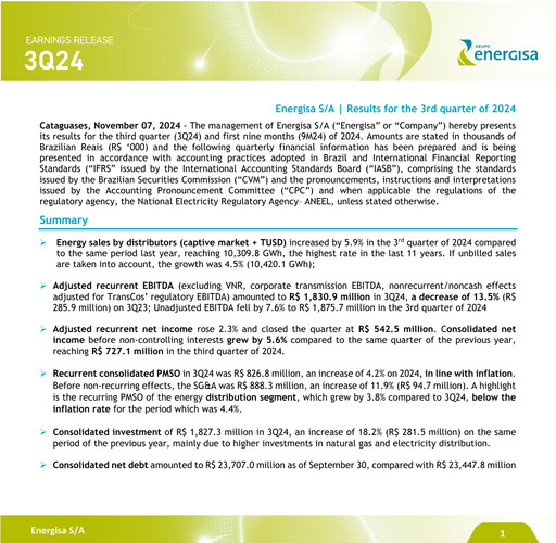 Thumbnail Energisa S.A. Quarterly Report 2024-q3