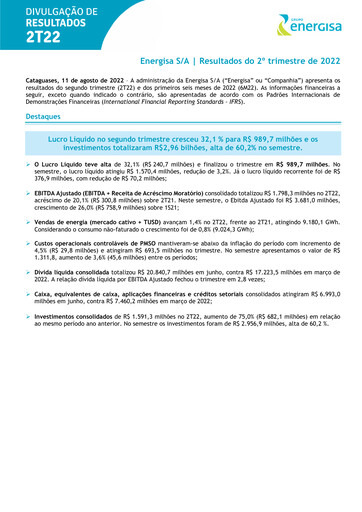 Thumbnail Energisa S.A. Quarterly Report 2022-q2